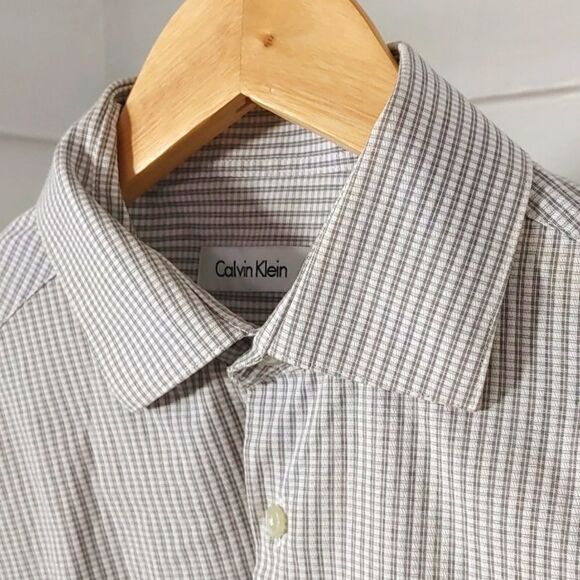 Calvin Klein| mens dress shirt black and white checker gingham - Picture 3 of 5
